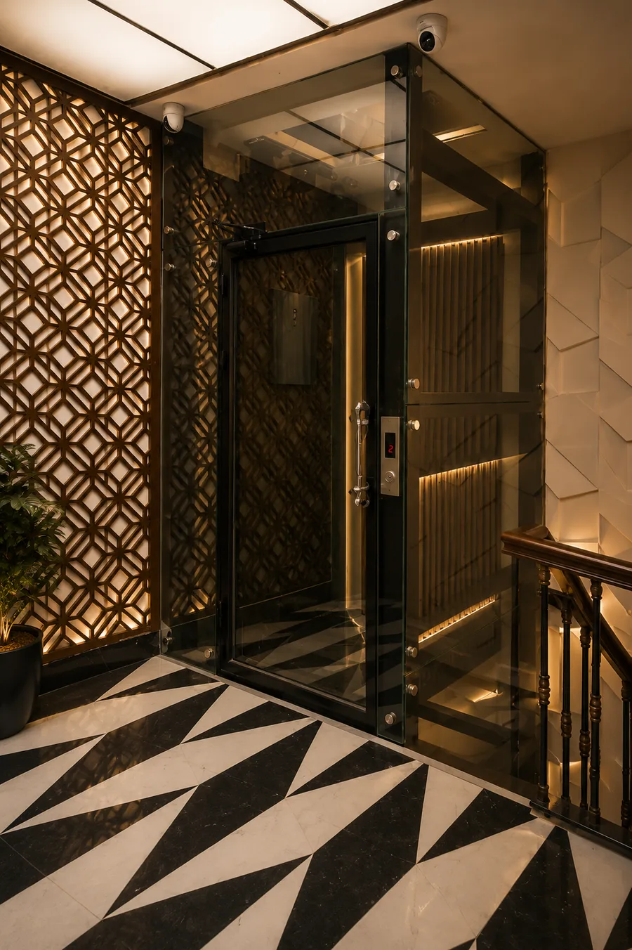 Steel and glass residential elevator shaft integrated into a modern home