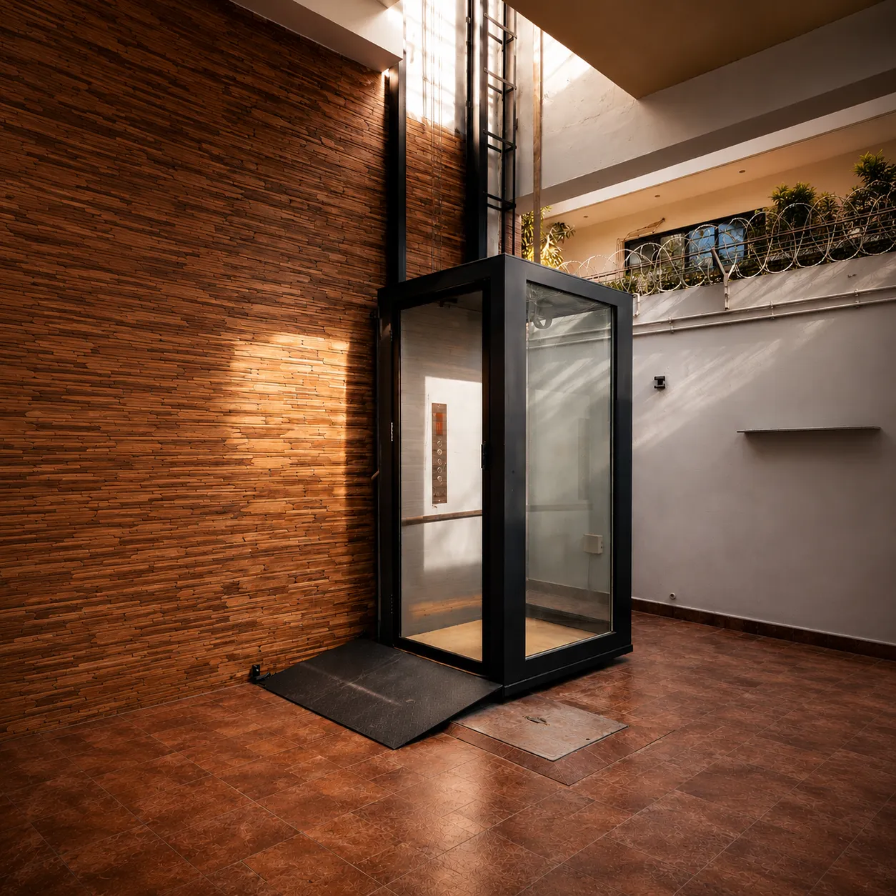 Panoramic glass elevator cabin interior showing finishes that affect home lift cost