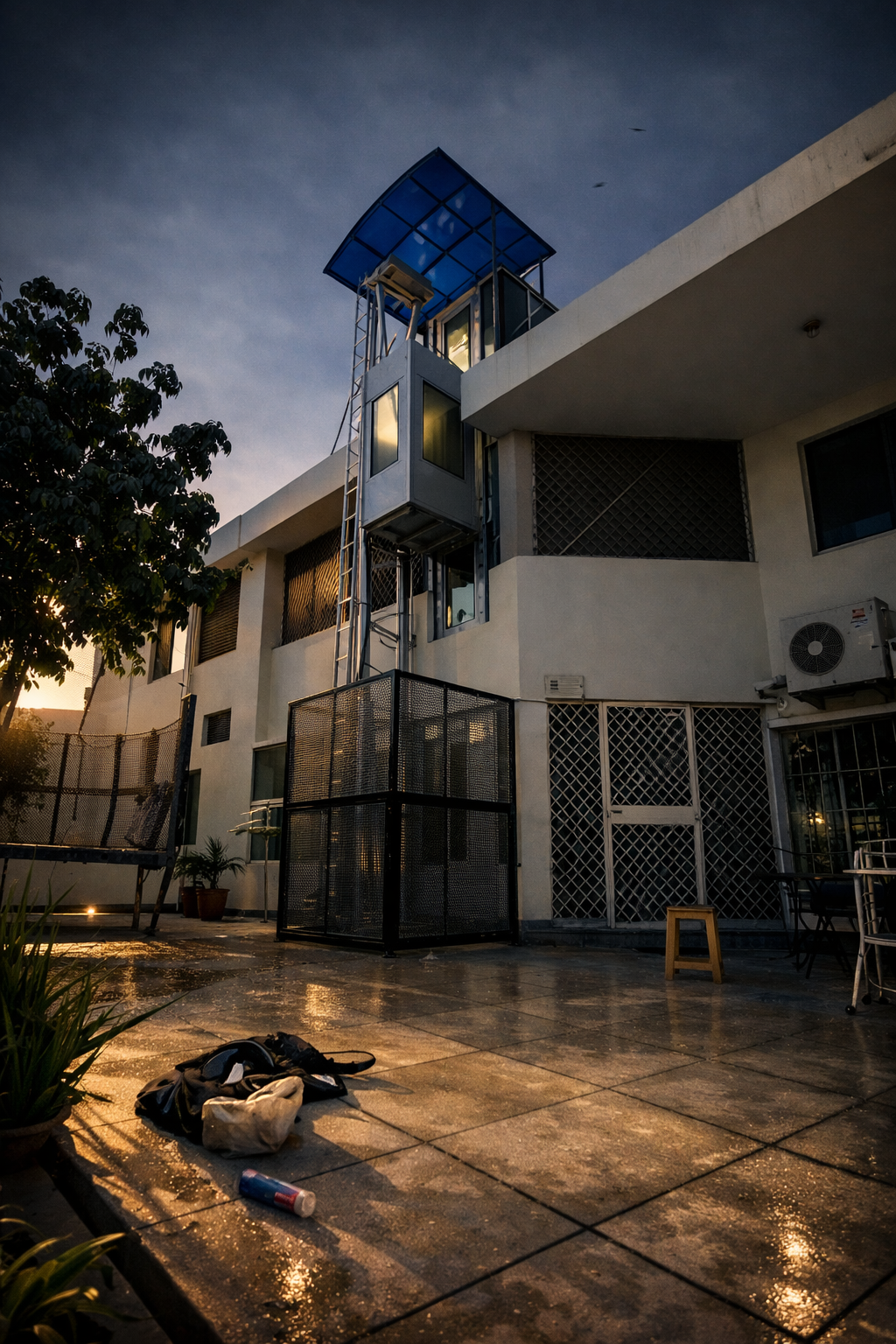 Twilight View Of Modern Building With Elevator