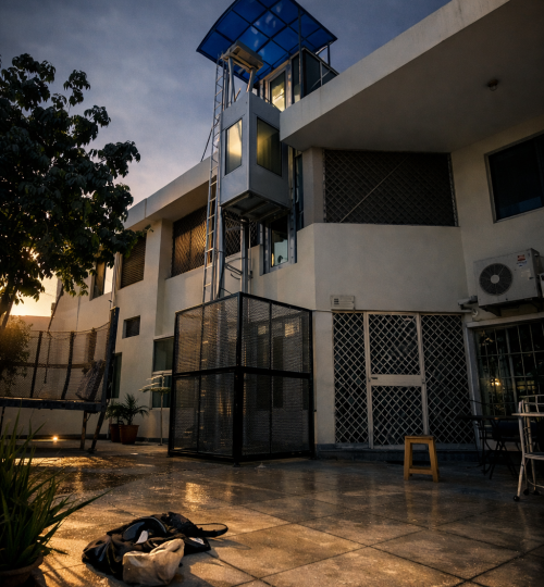 Twilight view of modern building with elevator